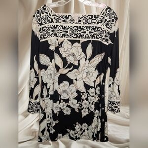 JM Collection Black/White/Beige Floral Square Neck Long Sleeve Tunic Blouse-L